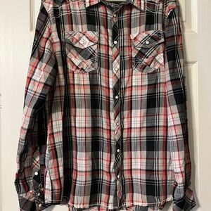 BKE Men's Casual Plaid Shirt - Black, Red, White